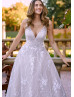 V Neck White 3D Lace Floral Wedding Dress